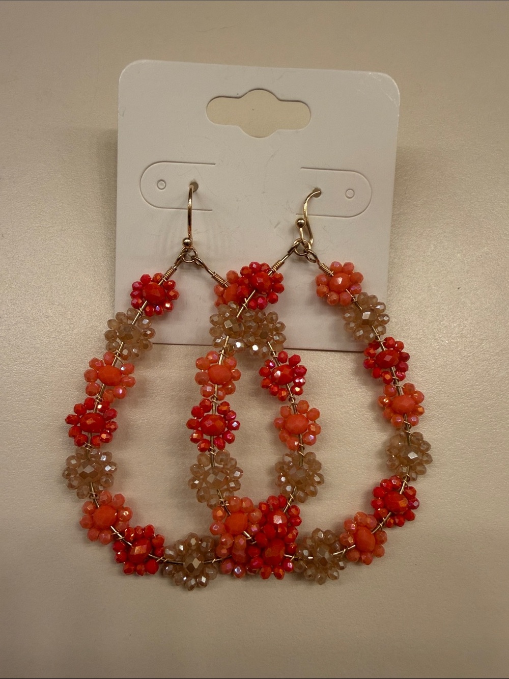 Beaded Floral Hoop Earrings in Orange and Tan - Women Jewelry
